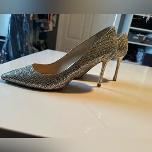 Jimmy Choo Romy 100 Champagne Glitter Silver Gold High Heel Pumps 39.5